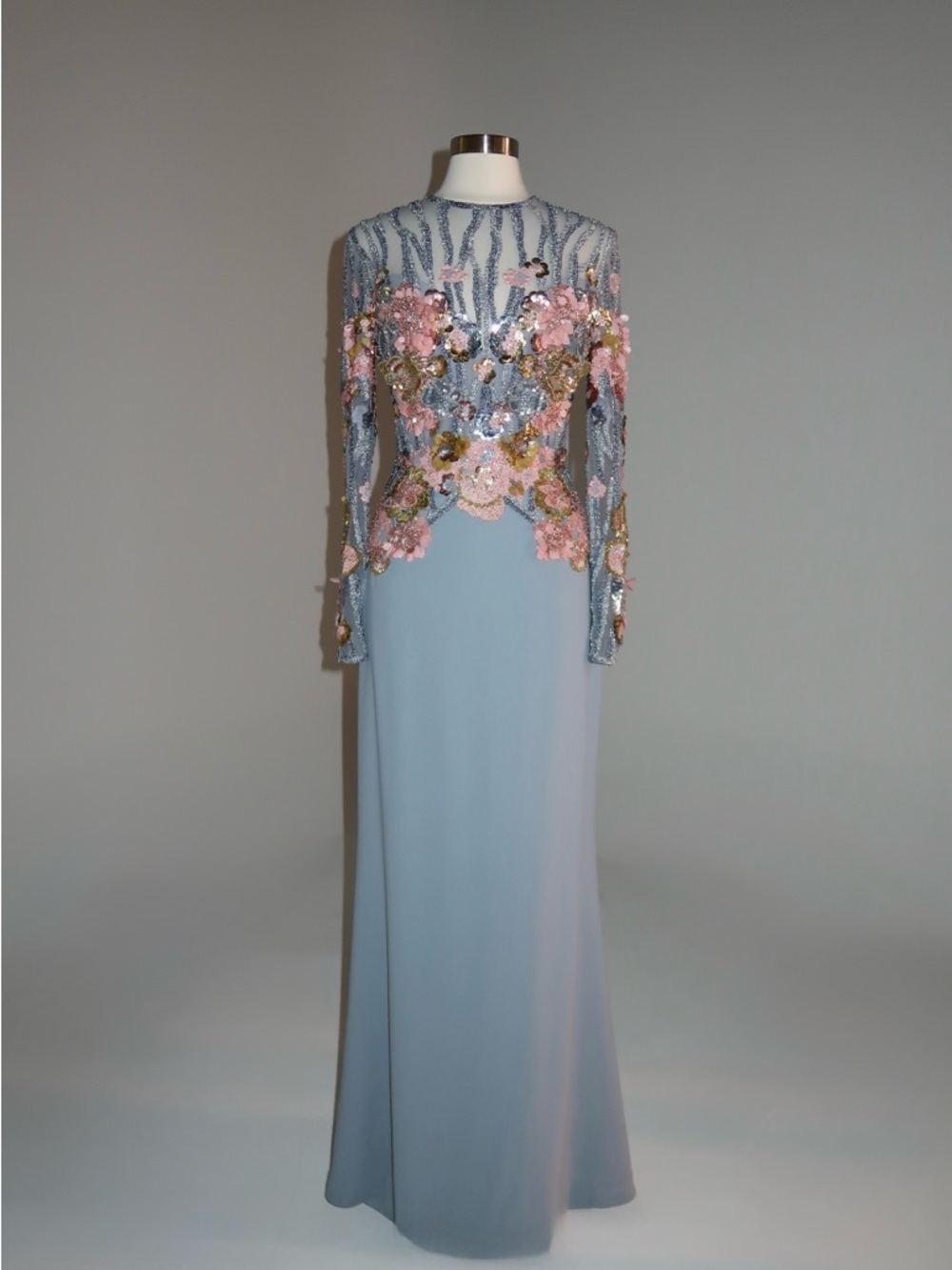 Elie Saab Powder Blue Long Sleeve Embellished Evening Gown